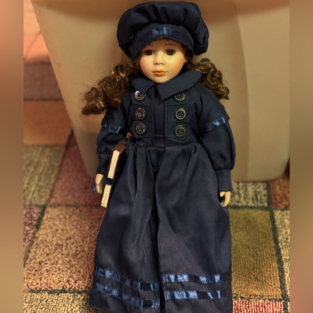 Vintage Porcelain Doll in Navy Coat & Hat